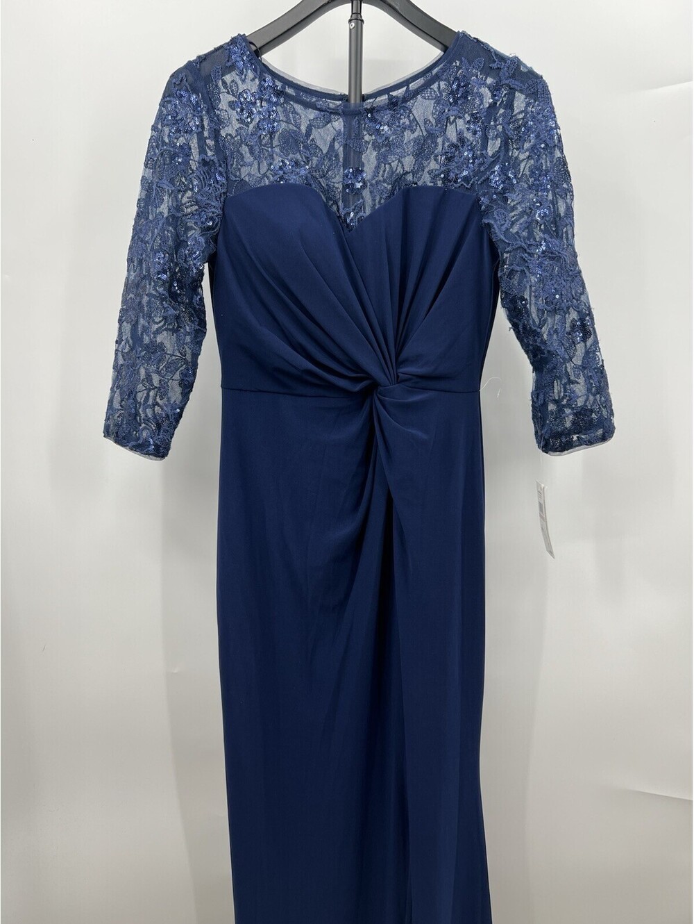 Alex Evenings Long Gown Navy Lace Sequin Top Twist Front Formal Dress 6